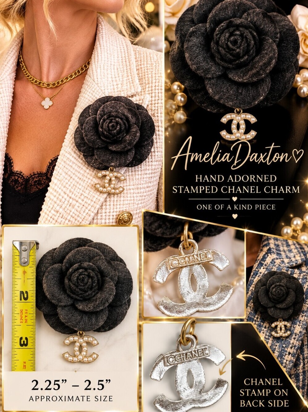 NEW Handmade Black Camellia Brooch w Chanel Pearl CC Charm